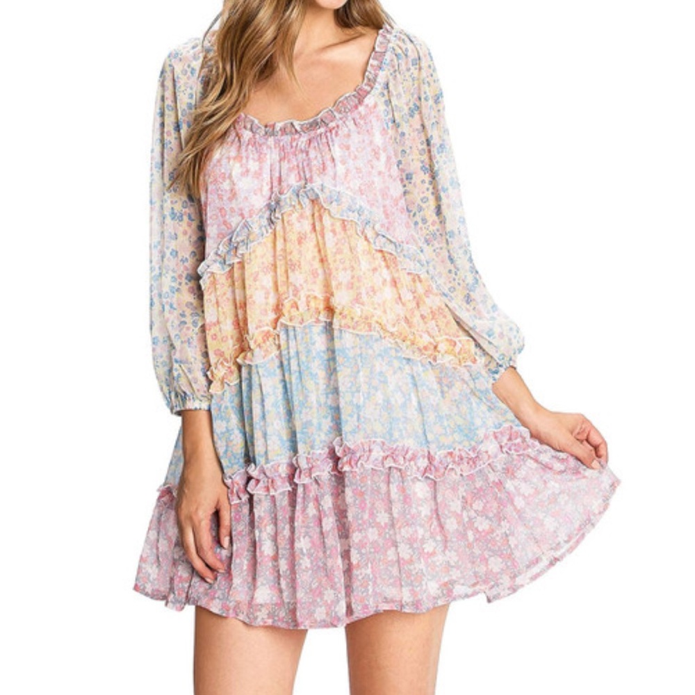 Patchwork Floral Babydoll Mini Dress Size Small